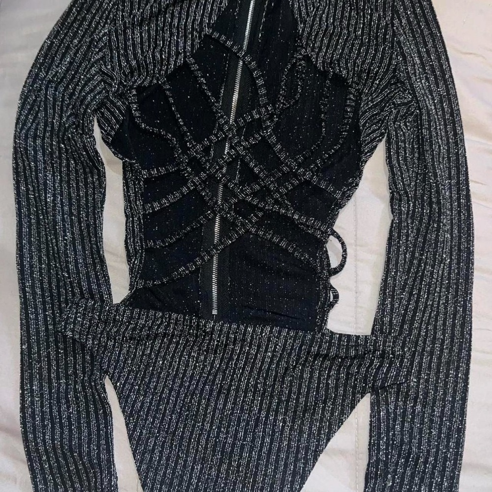 Shimmering Black Lace-Up Women's Bodysuit - Picture 3 of 5